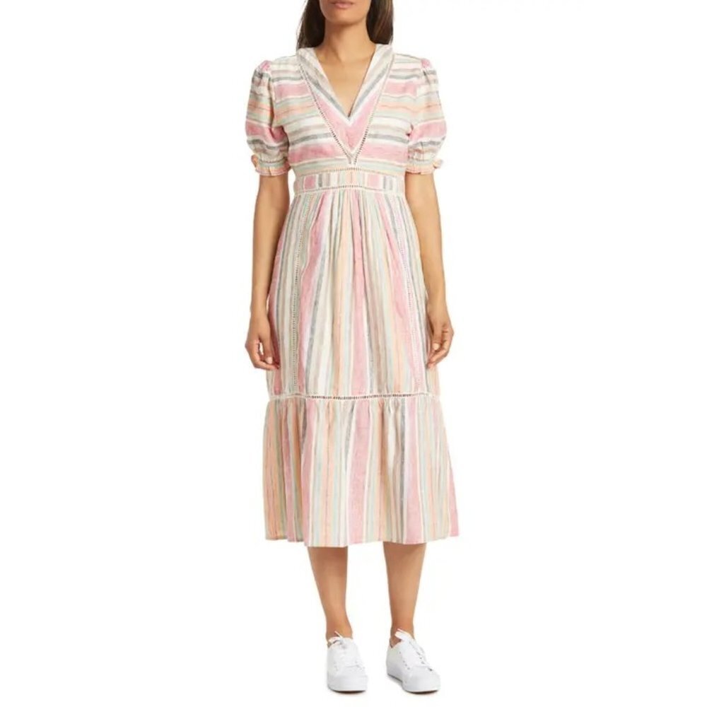 NWT Maisie Puff Sleeve Crochet Trim Colorful Stripes Midi Dress P2070